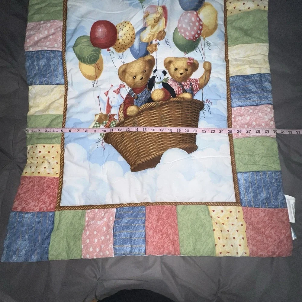 Vtg Blue Jean Teddy Bear Blanket Quilt Hot Air Balloon Baby Nursery Wall 41 X 30